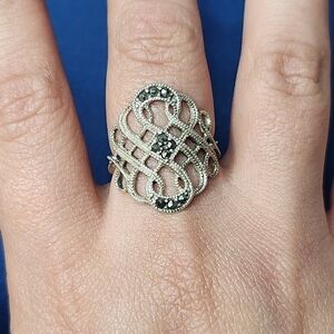 RJ 925 Vintage 90s Marcasite Gemstone Sterling Silver Cage Ring
